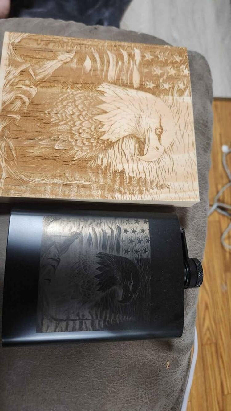 Engraved Eagle Flag Wood Plaque & Flask Set
